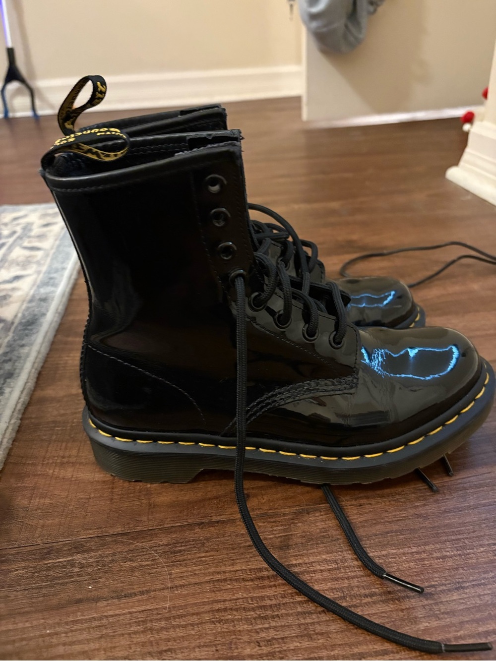 Dr. Martens Black Patent Lace-Up Combat Boots with Yellow Stitching